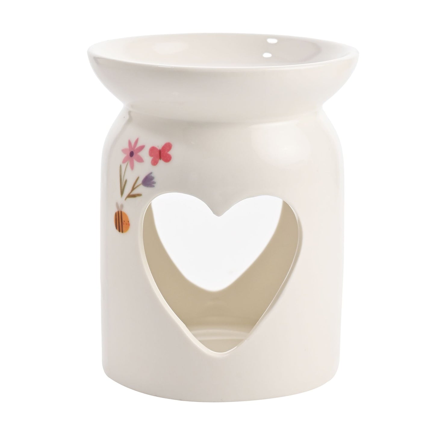 White ceramic oil burner with heart design and floral decorations on a white background