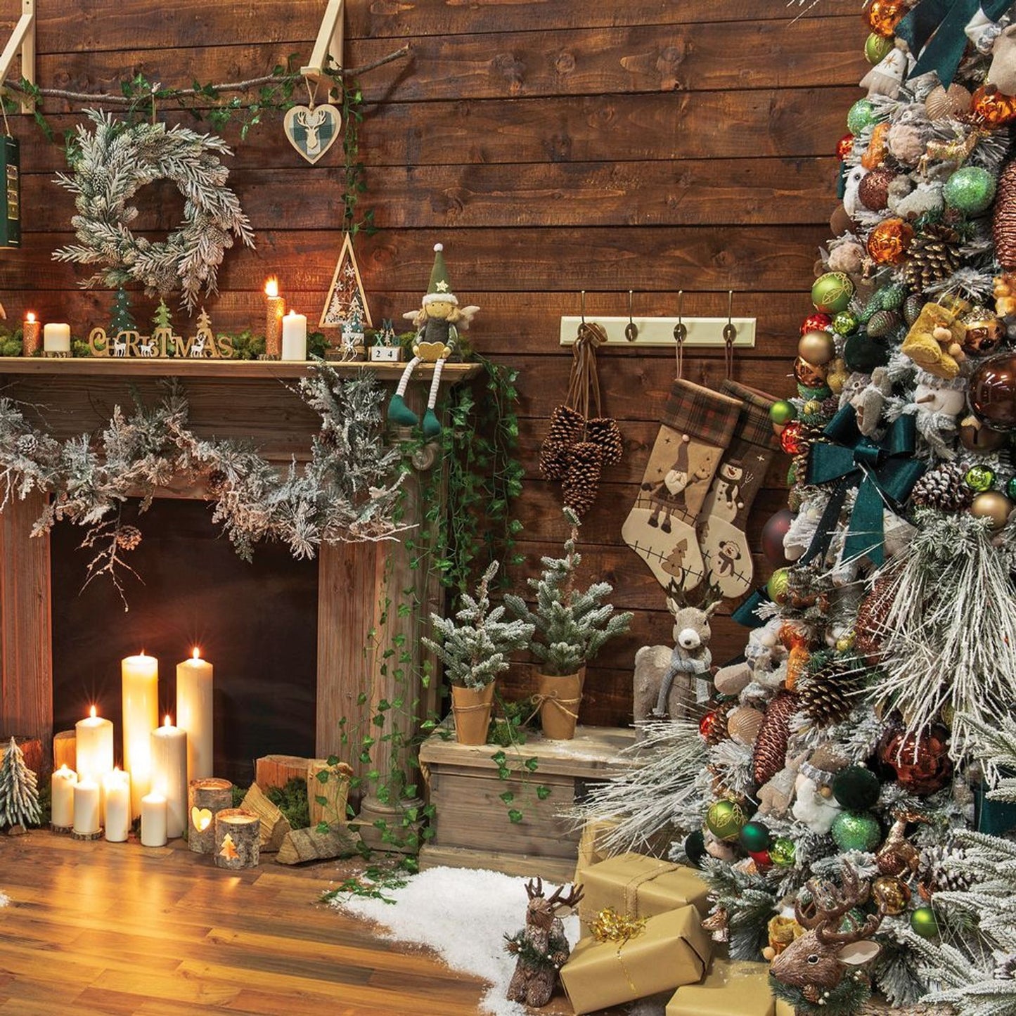 Cozy Christmas living room with decorated tree, fireplace, and stockings.