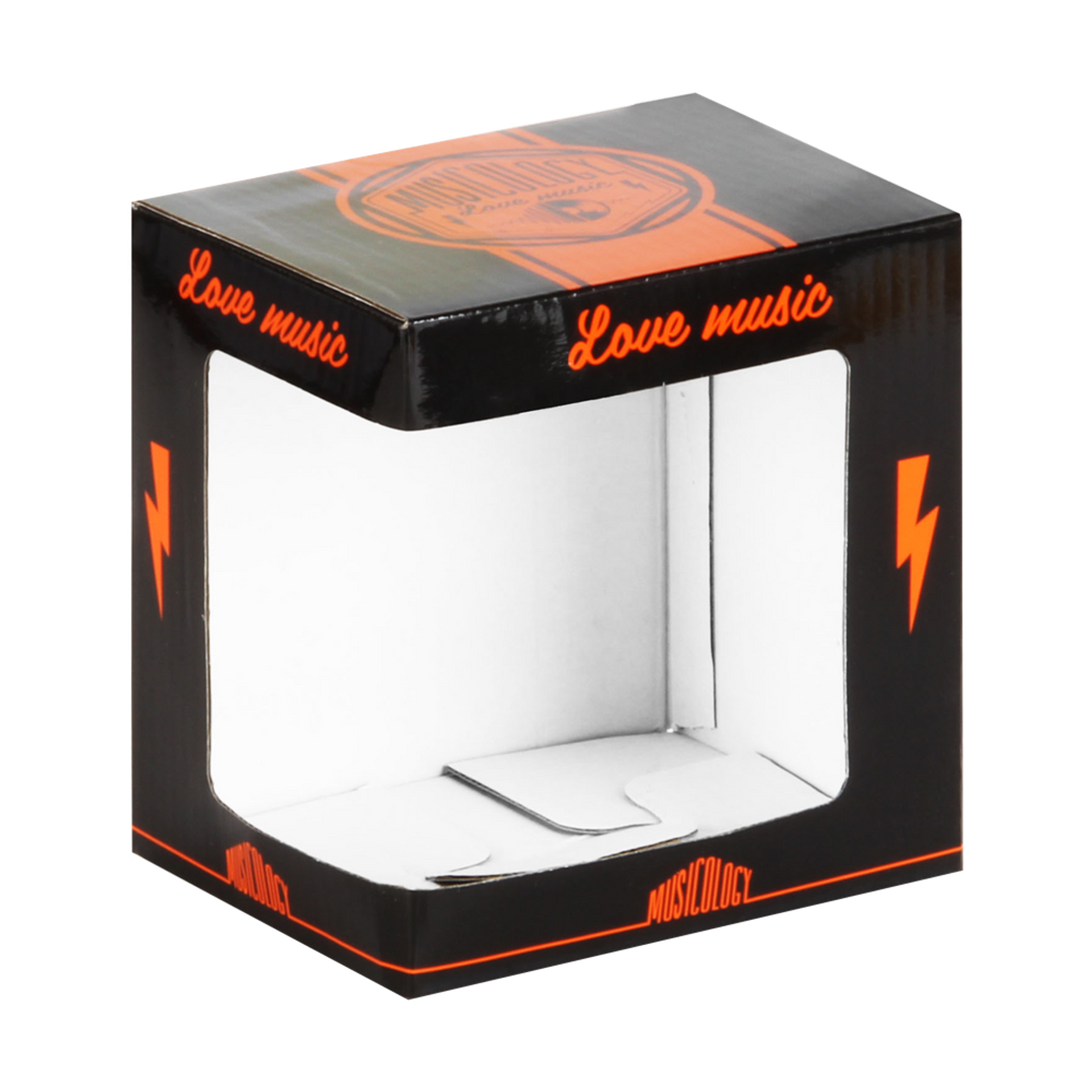 Black and orange box with 'Love music' text and lightning bolt symbols.