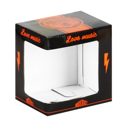 Black and orange box with 'Love music' text and lightning bolt symbols.