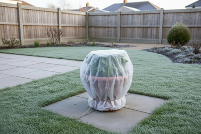 Move the exact pot/plant onto the patio behind and to the side. Corner slab