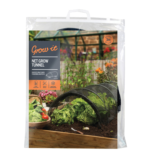 Package of 'Grow it' net grow tunnel with garden scene on the label