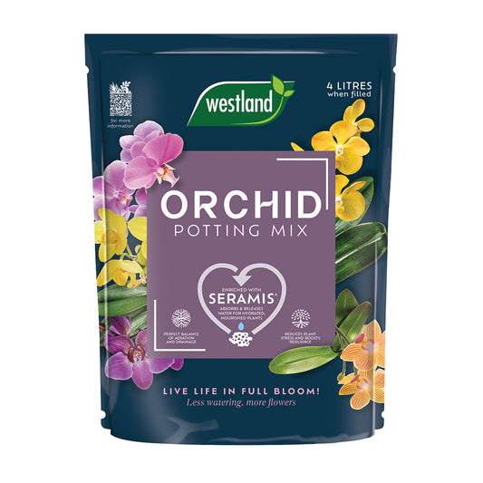 Westland Orchid Potting Mix packaging with orchid flowers on a white background