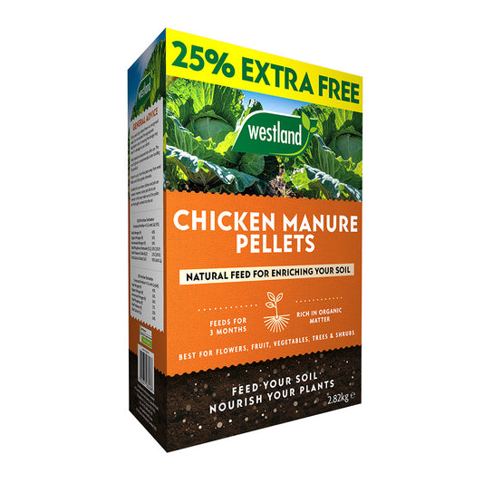 Box of Westland Chicken Manure Pellets with promotional text on a white background