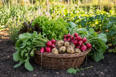 Picking salad leaves, radishes and early potatoes