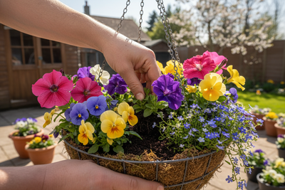 Planting spring bedding plants in a hanging basket in April