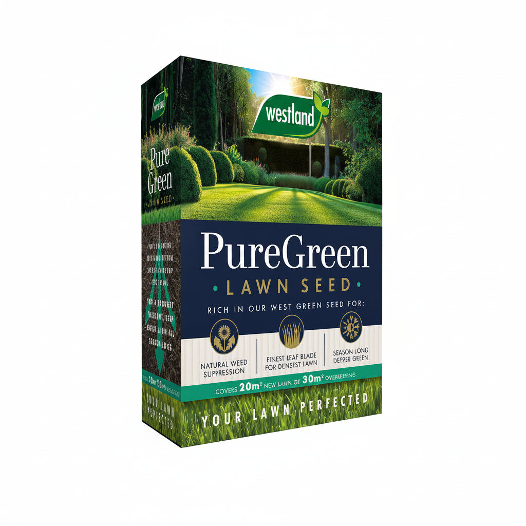 Westland PureGreen lawn seed packaging with a scenic lawn background.
