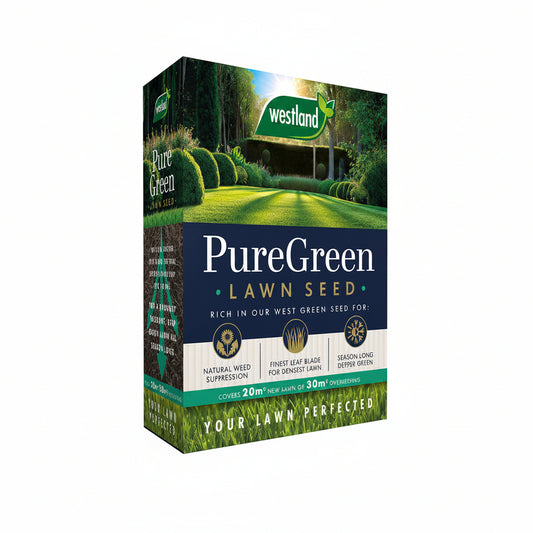 Westland PureGreen lawn seed packaging with a scenic lawn background.