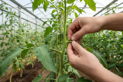 Remove side shoots from cordon tomatoes in greenhouse
