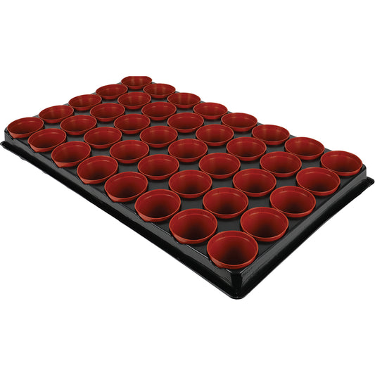Red silicone cupcake mold on a black tray with white background