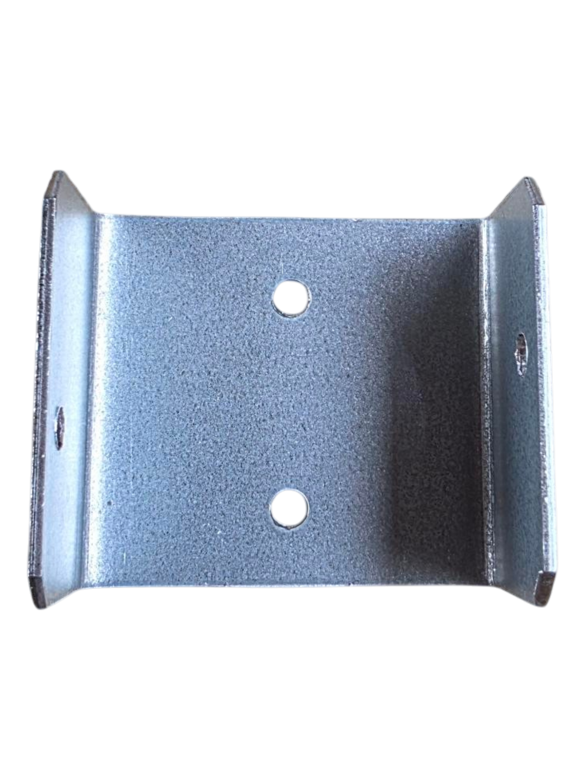 A galvanized steel U-channel bracket with two pre-drilled mounting holes, shown against a plain white background.