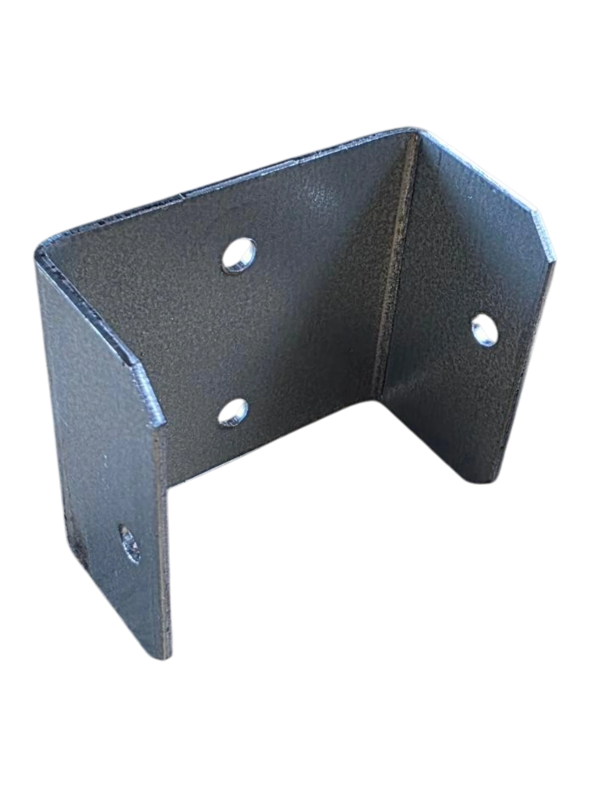 A black metal L-bracket with pre-drilled mounting holes, shown on a plain white background.