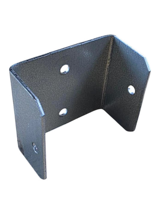 A black metal L-bracket with pre-drilled mounting holes, shown on a plain white background.