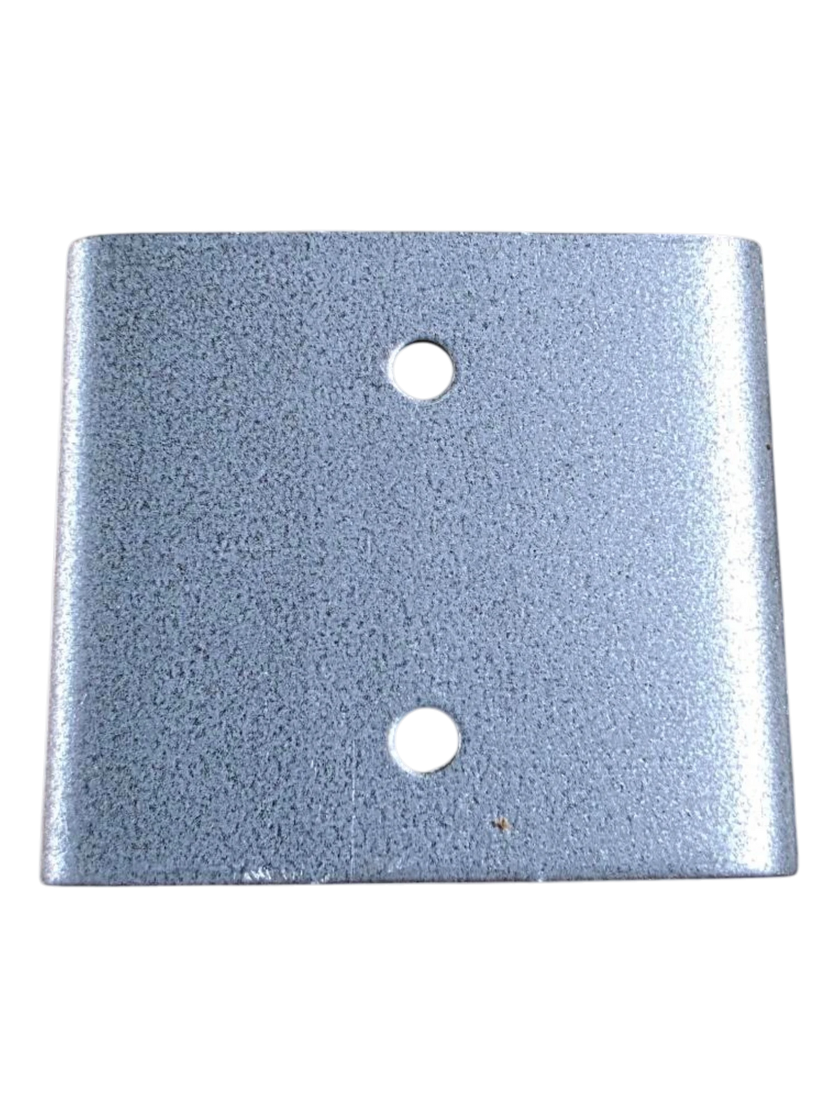 A square metallic mounting plate with rounded corners, featuring two pre-drilled holes and a textured, speckled finish in a silver-gray color.