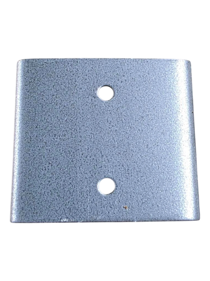 A square metallic mounting plate with rounded corners, featuring two pre-drilled holes and a textured, speckled finish in a silver-gray color.
