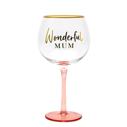Wine glass with 'Wonderful Mum' text on a white background