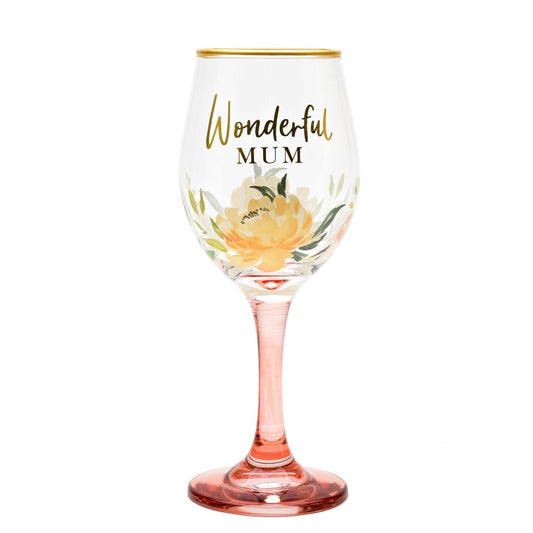 Wine glass with 'Wonderful Mum' text and floral design on a white background