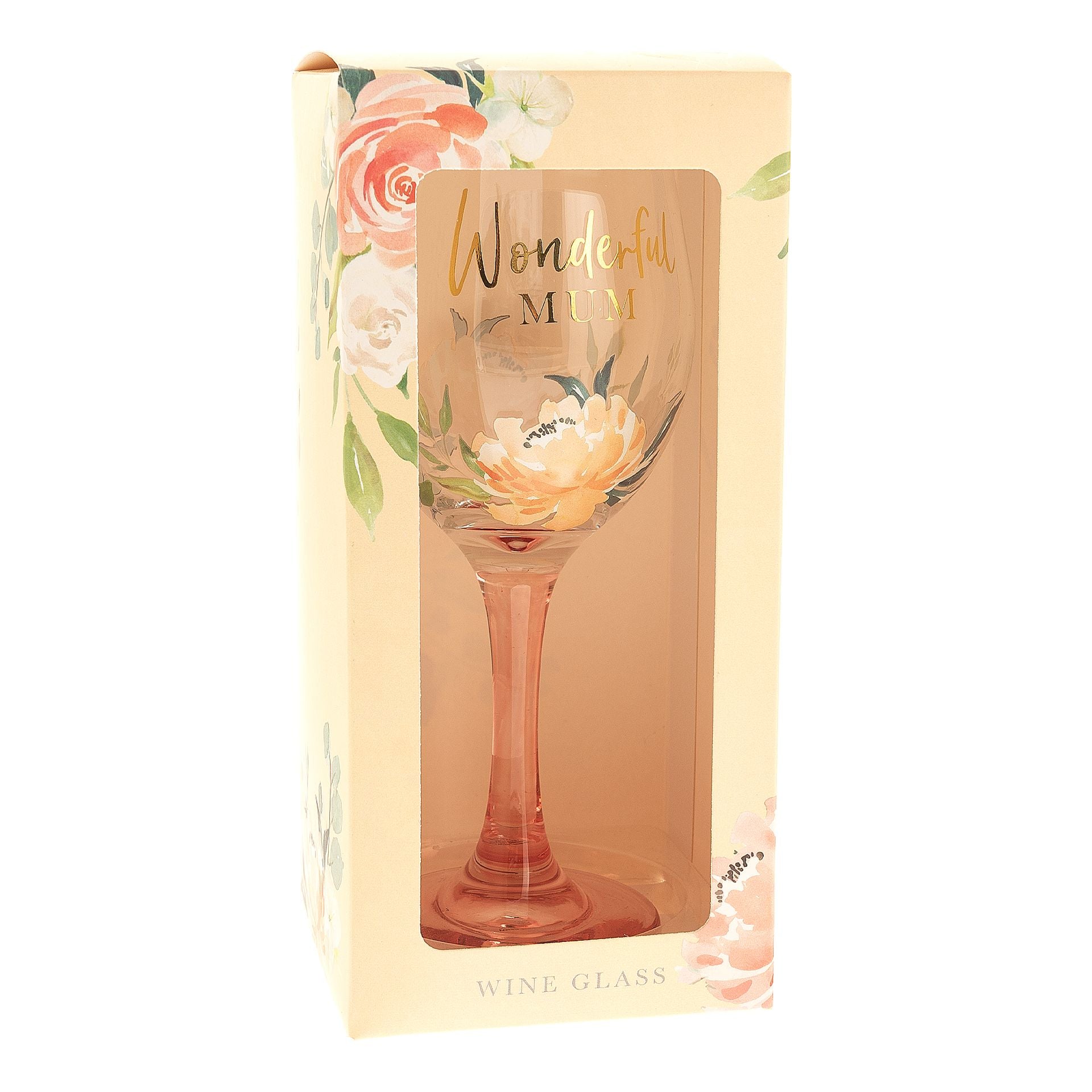 Wine glass with floral design and 'Wonderful Mom' text in a decorative box.