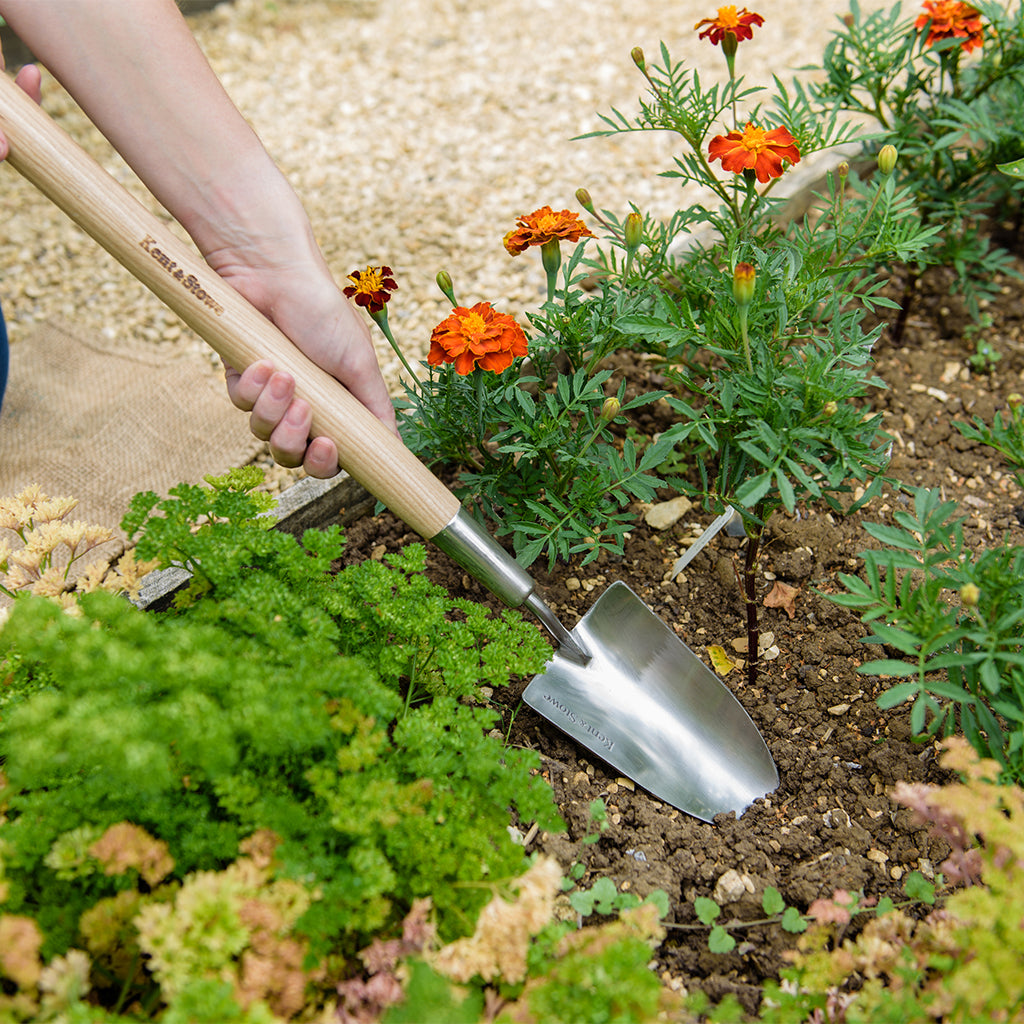 Person gardening with a trowel in a garden with flowers and plants.