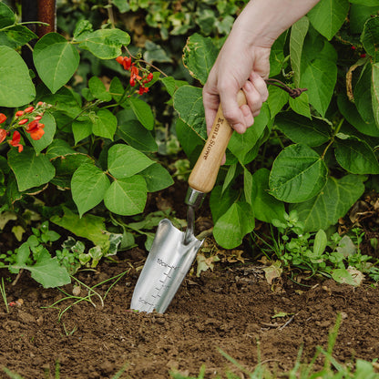 Hand using a small gardening trowel in soil with plants and flowers in the background