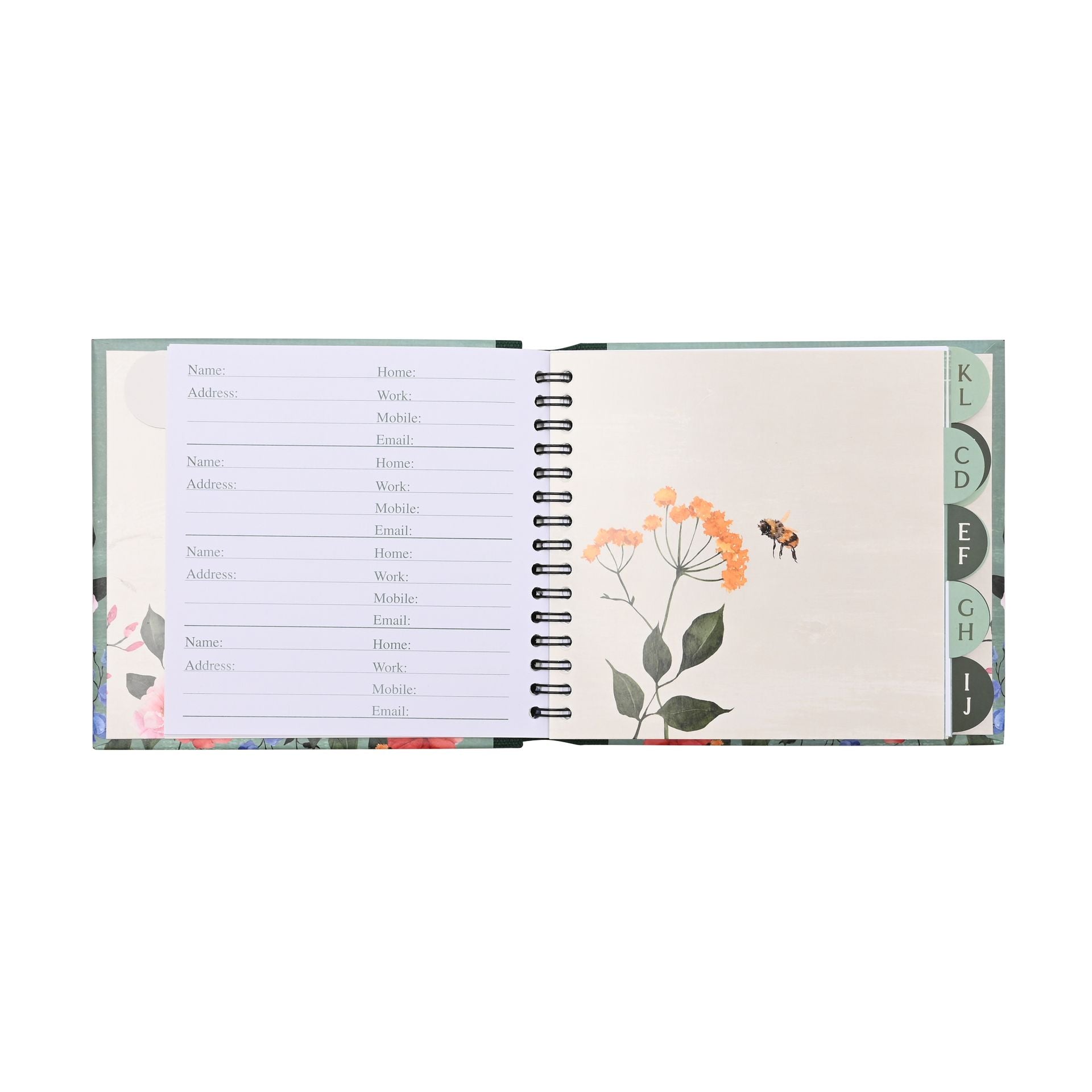 Open address book with floral design on a white background