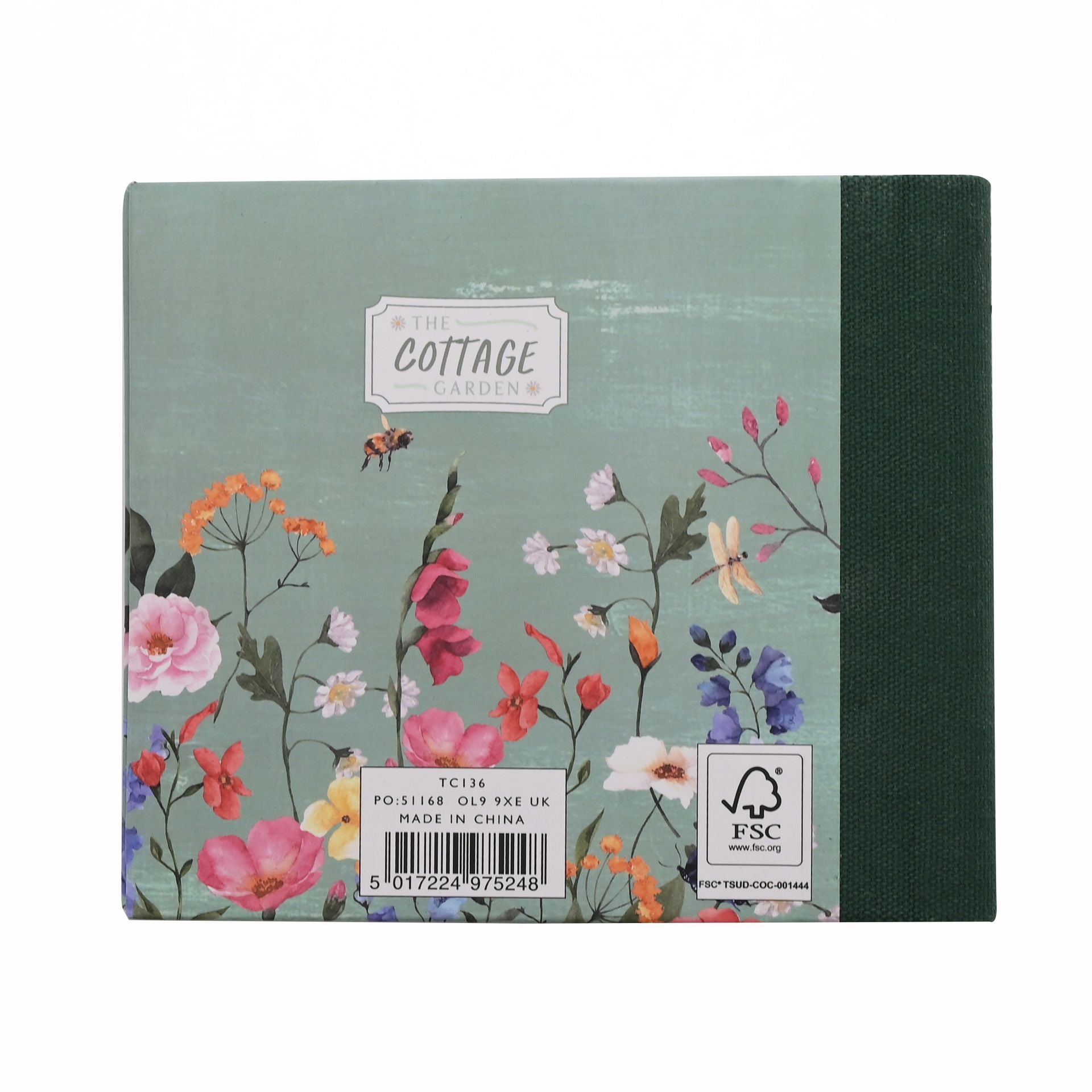 Floral notebook with 'Cottage' branding on a green background