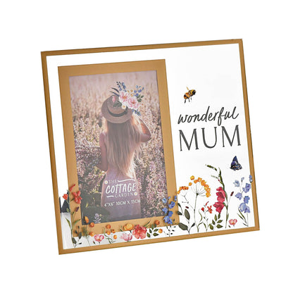 Decorative photo frame with floral design and 'wonderful MUM' text on a white background