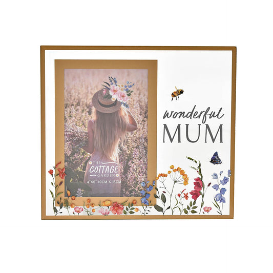 Framed artwork with a photo of a woman in a field and 'wonderful MUM' text.
