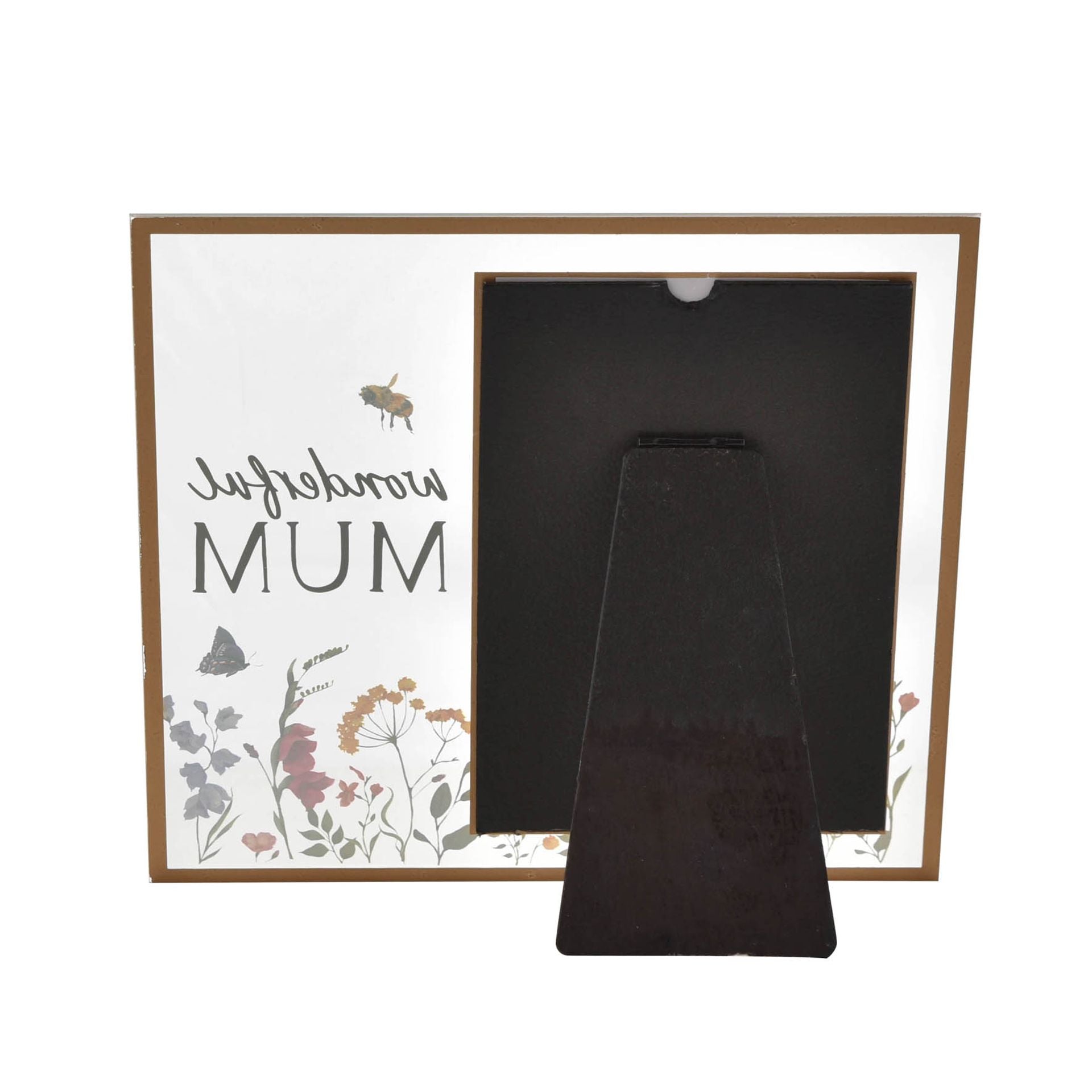 Framed picture with 'Mum' text and floral design, leaning against a white background.