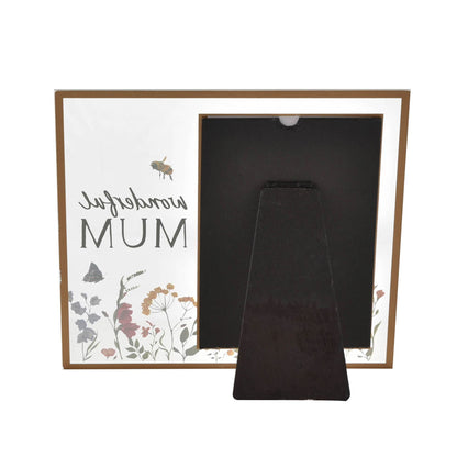 Framed picture with 'Mum' text and floral design, leaning against a white background.