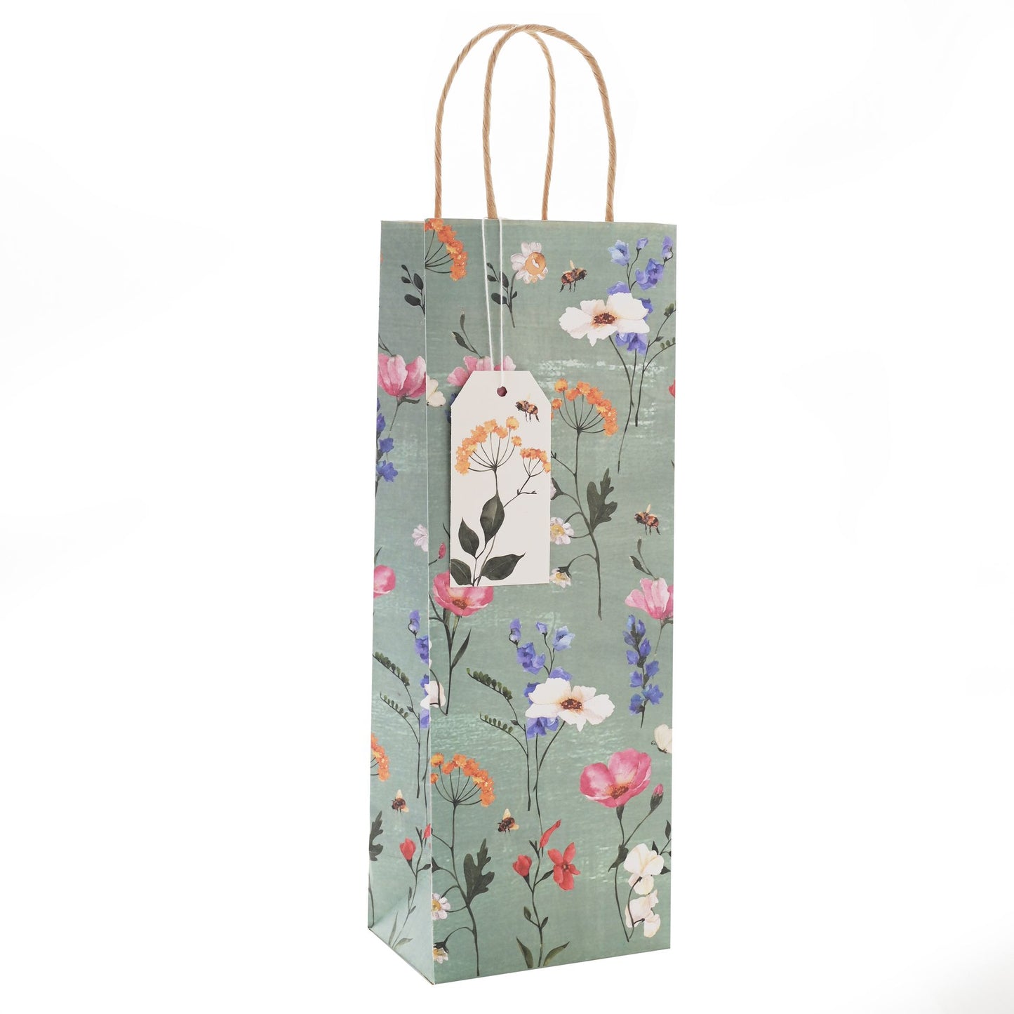 Floral-patterned bottle bag with a tag on a white background