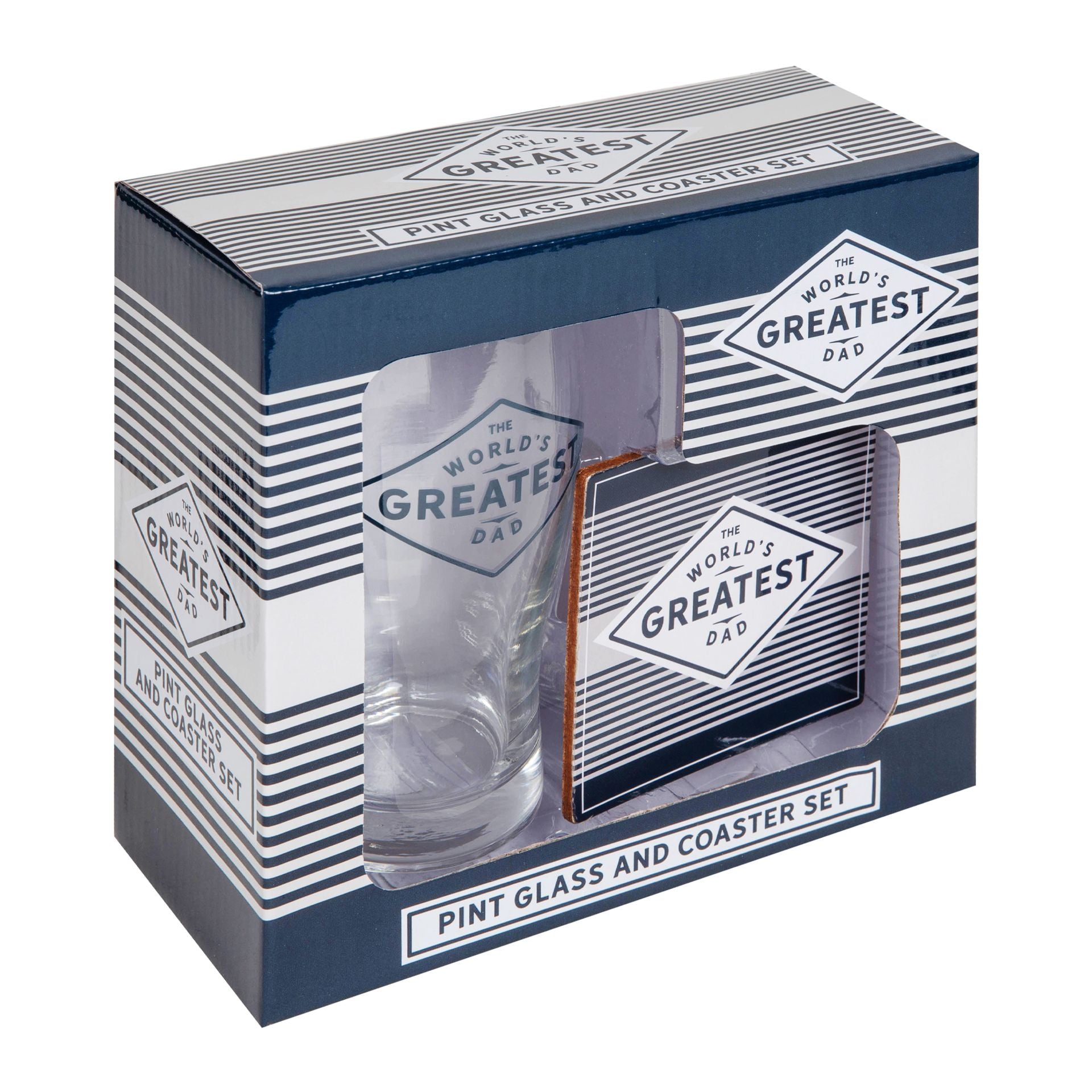 Gift set with a pint glass and coasters in a box labeled 'World's Greatest Dad'.
