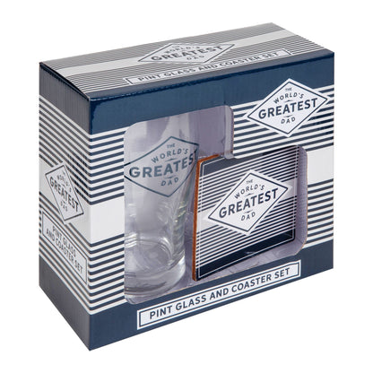 Gift set with a pint glass and coasters in a box labeled 'World's Greatest Dad'.
