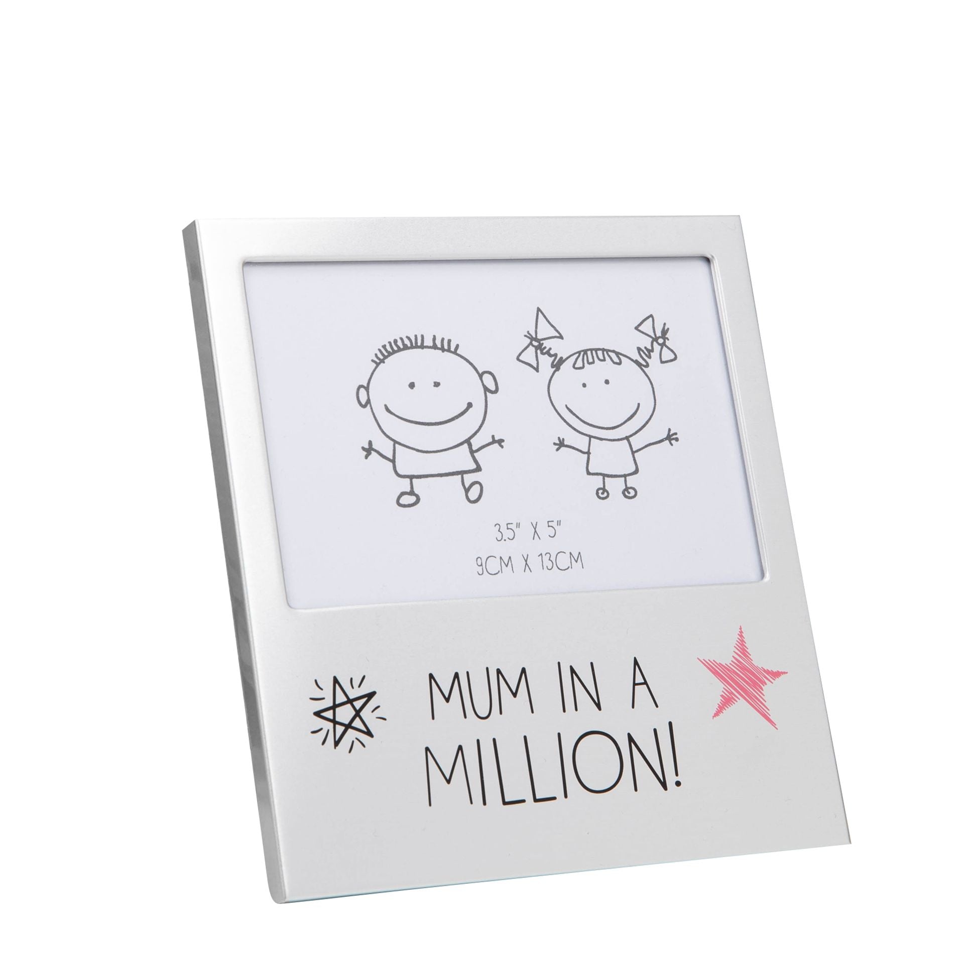 Silver photo frame with 'Mum in a Million!' text and illustrations on a white background
