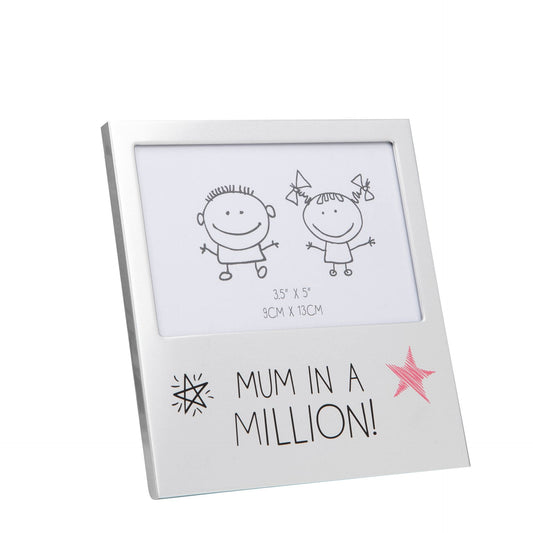 Silver photo frame with 'Mum in a Million!' text and illustrations on a white background
