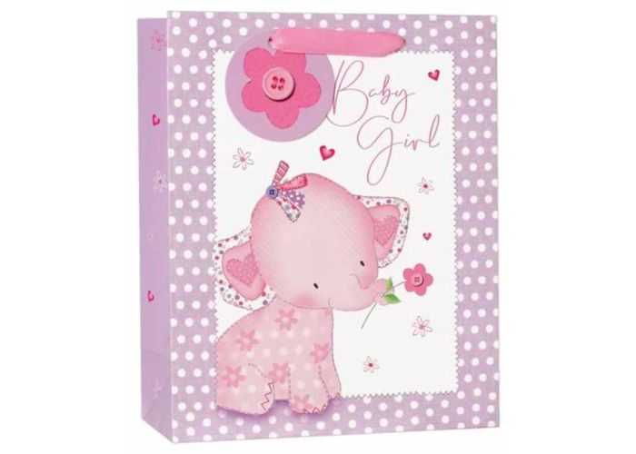 Baby girl-themed gift bag with a pink elephant design on a purple polka dot background.