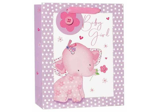 Baby girl-themed gift bag with a pink elephant design on a purple polka dot background.