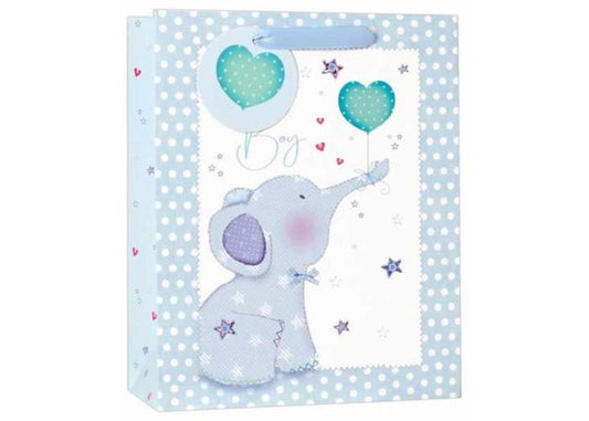 Card with a blue elephant and heart designs on a polka dot background