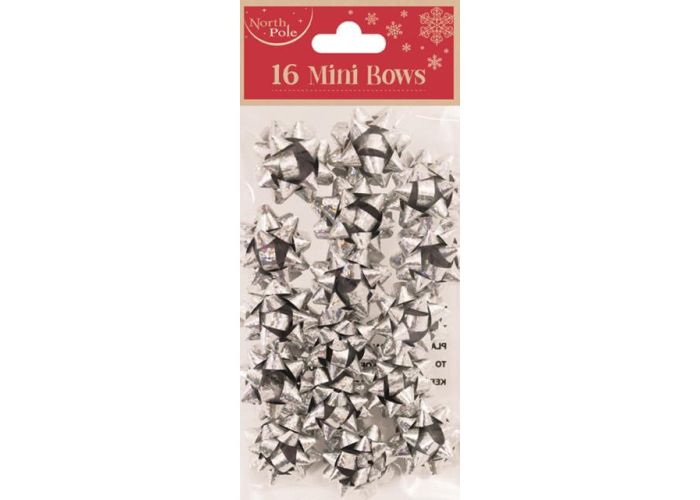 Pack of 16 mini silver bows with a red label on a white background