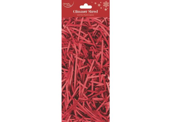 Red glittery shred paper in a package on a white background