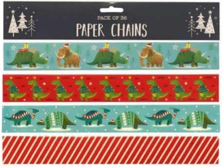 Pack of paper chains with dinosaur designs on a blue background