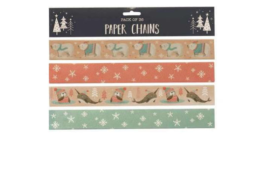 Pack of paper chains with festive designs on a white background