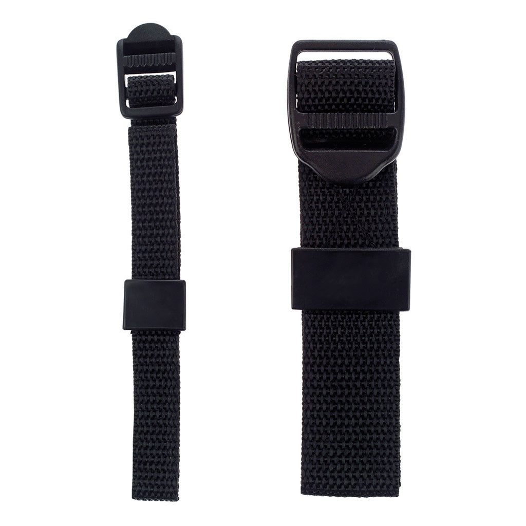 Two black straps with buckles on a white background