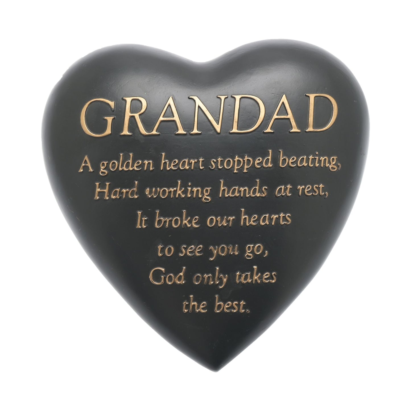 Heart-shaped black plaque with gold text honoring a grandad on a white background