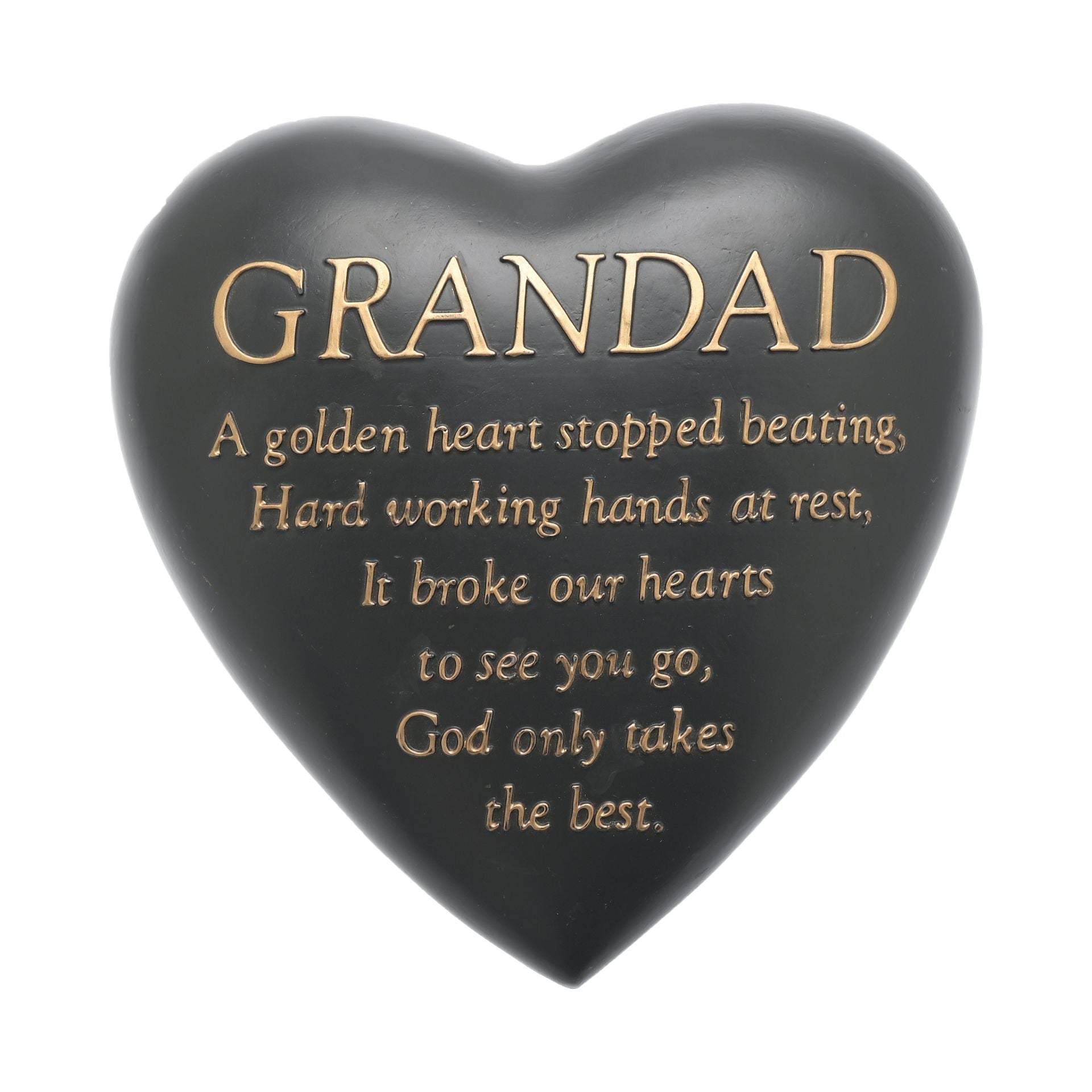 Heart-shaped black plaque with gold text honoring a grandad on a white background