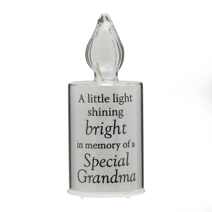 Memorial light with text 'A little light shining bright in memory of a Special Grandma' on a white background