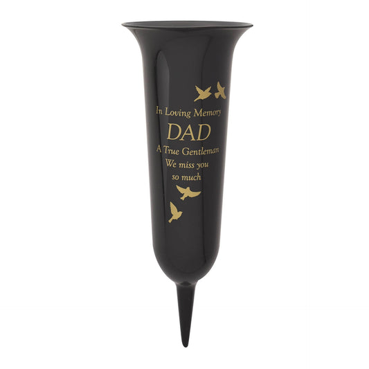 Black vase with gold text and bird illustrations on a white background