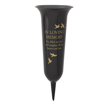 Black vase with 'In Loving Memory' text and bird illustrations on a white background