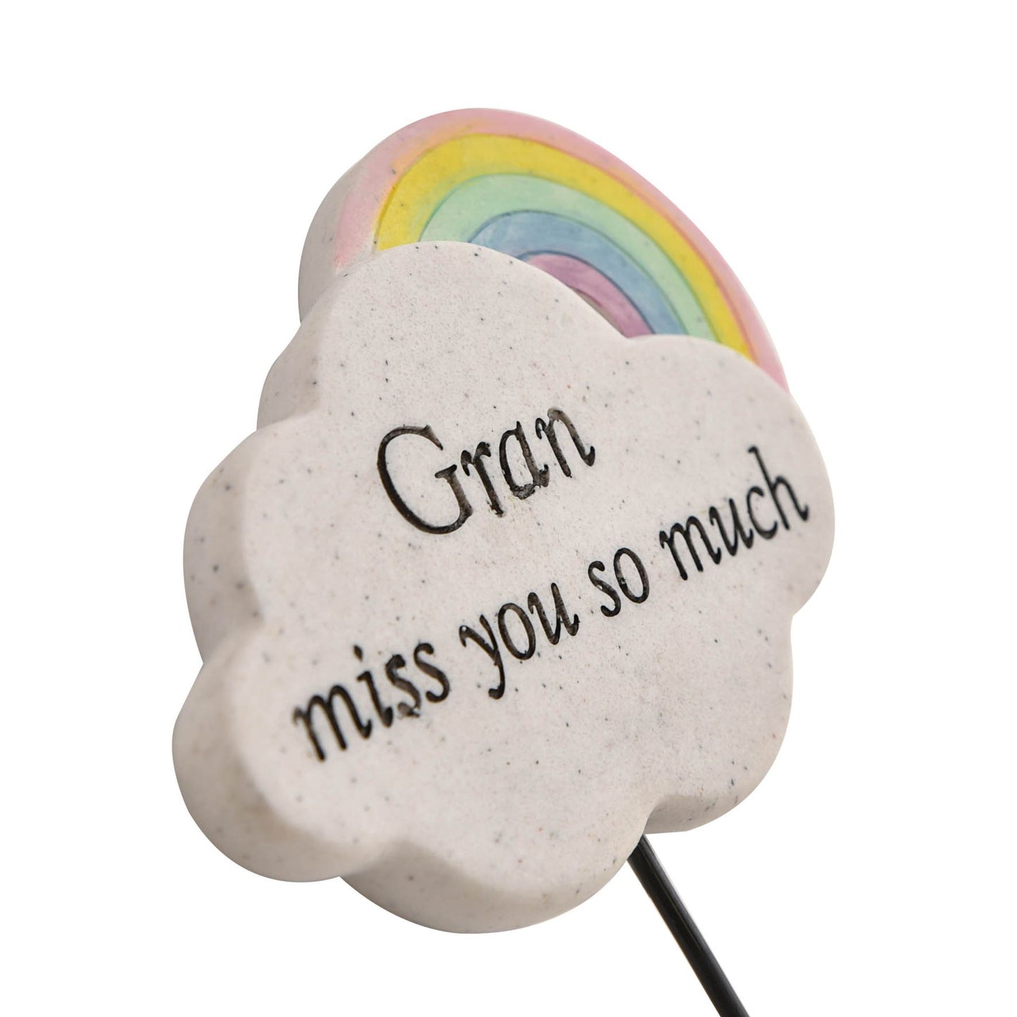 Decorative stone with rainbow and 'Gran miss you so much' text on a white background