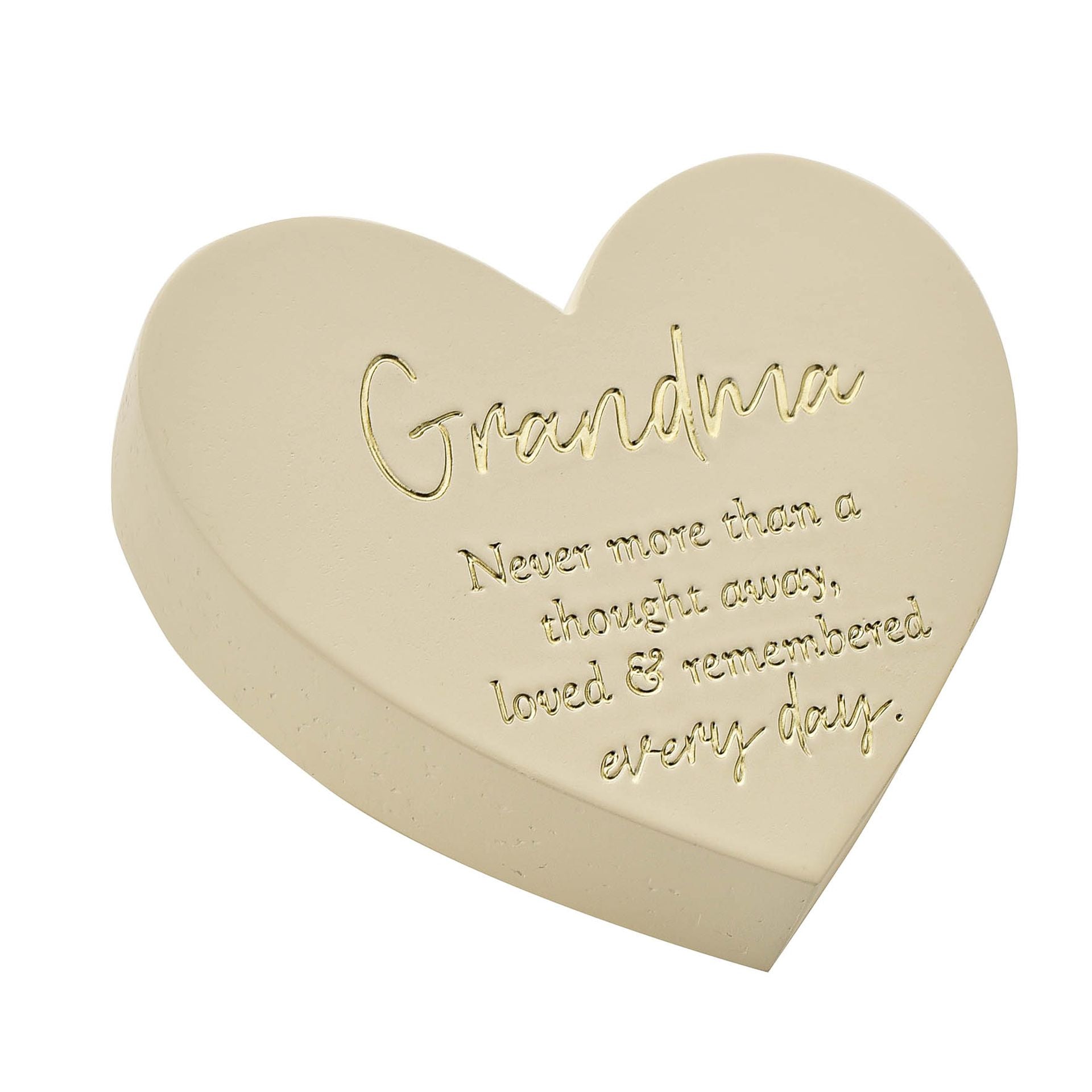 Heart-shaped beige stone with engraved text on a white background